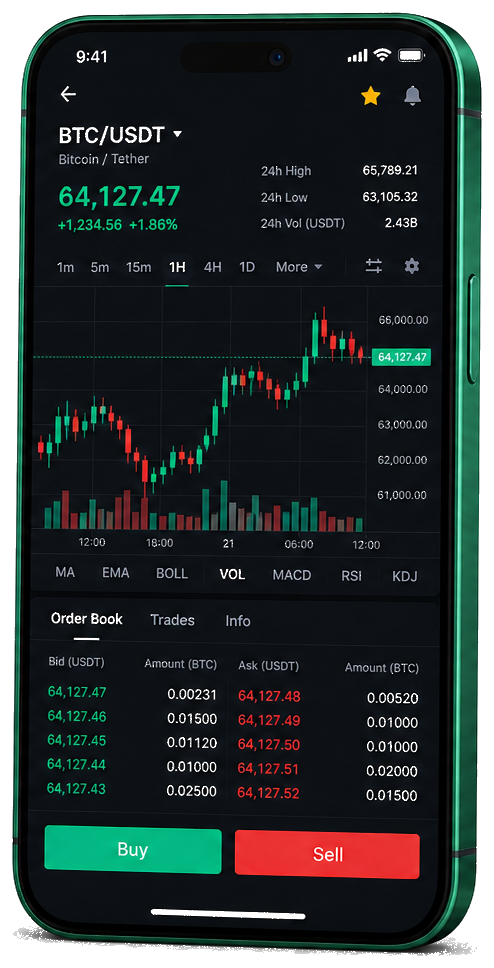 Mobiele handelsomgeving van Amplia Patrimoncia — live BTC/USDT-grafiek met orderboek en functies voor kopen en verkopen